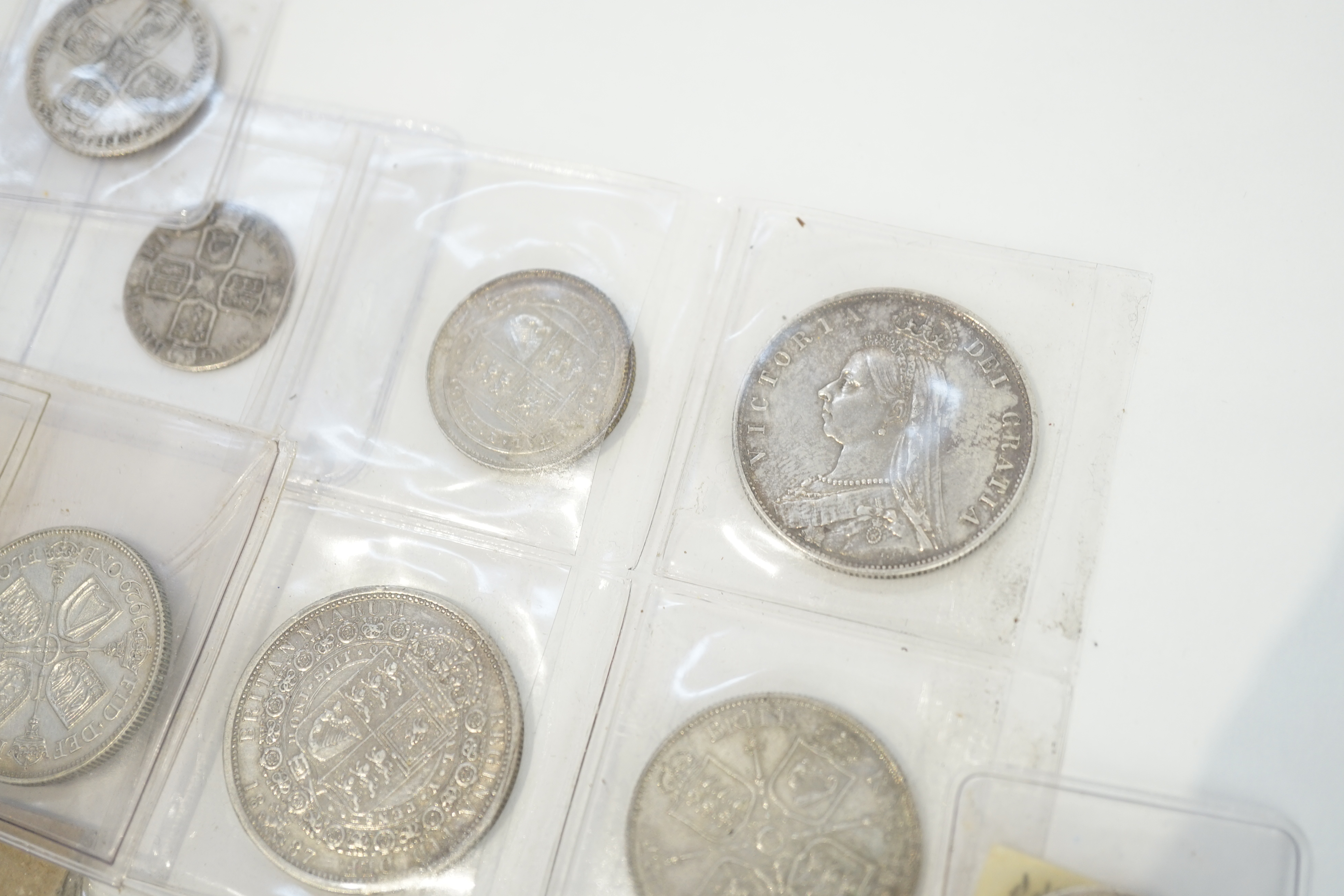 British and British crown dependency coins, 18th-20th century, to include George II shilling, 1758, fine or better, Anne sixpence, five halfcrowns, 1888, good VF, 1887, VF, 1889, 1883 and 1930, two florins, 1887, EF, 192